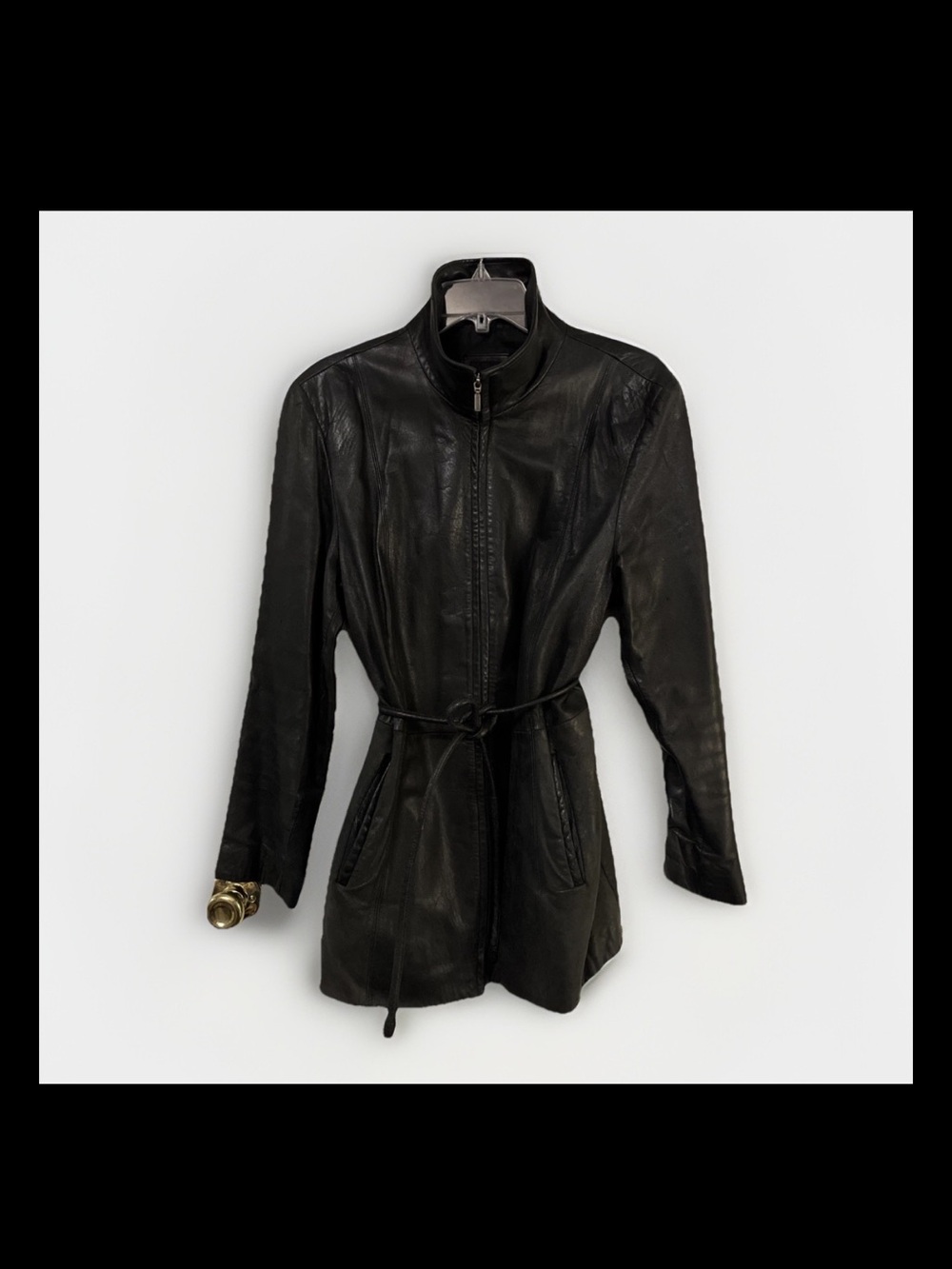 JLC New York Black Leather Full Zip Jacket Women Sz XL W/Tie Pockets Trench SOFT